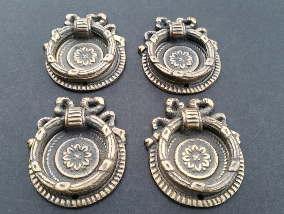 4 ornate round ring pull handles with detailed ribbon backplate 1 5/8″ #H23