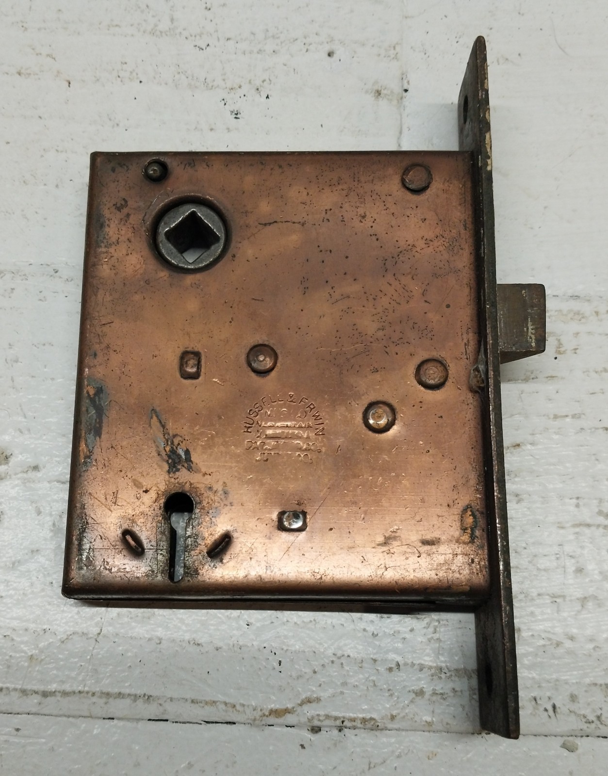 Antique Russell & Erwin Brass & Steel Mortise Door Lock 3″x3.5″