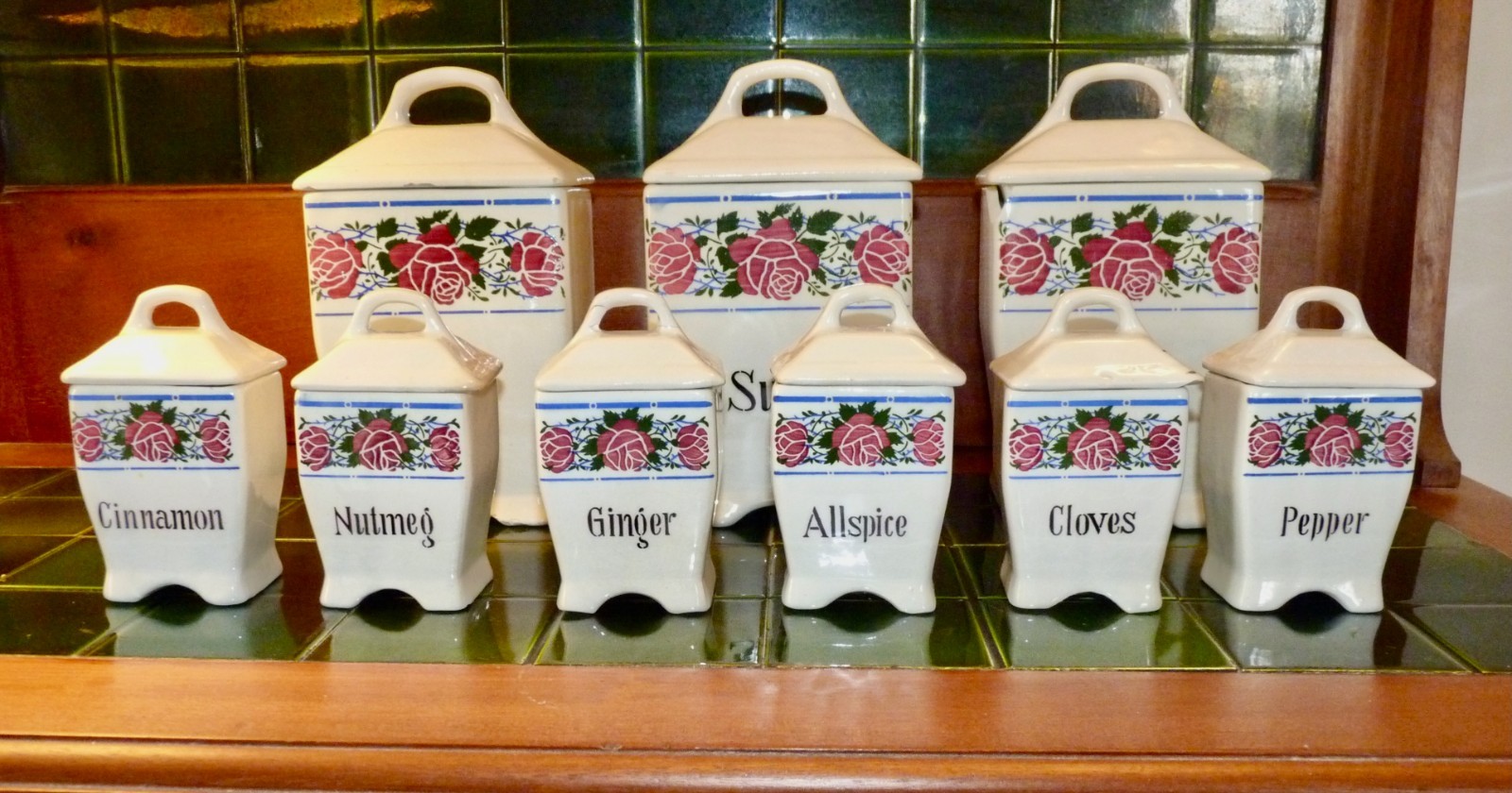 Antique German Roses Canisters “Cereal Set” 9 Pieces Art Nouveau