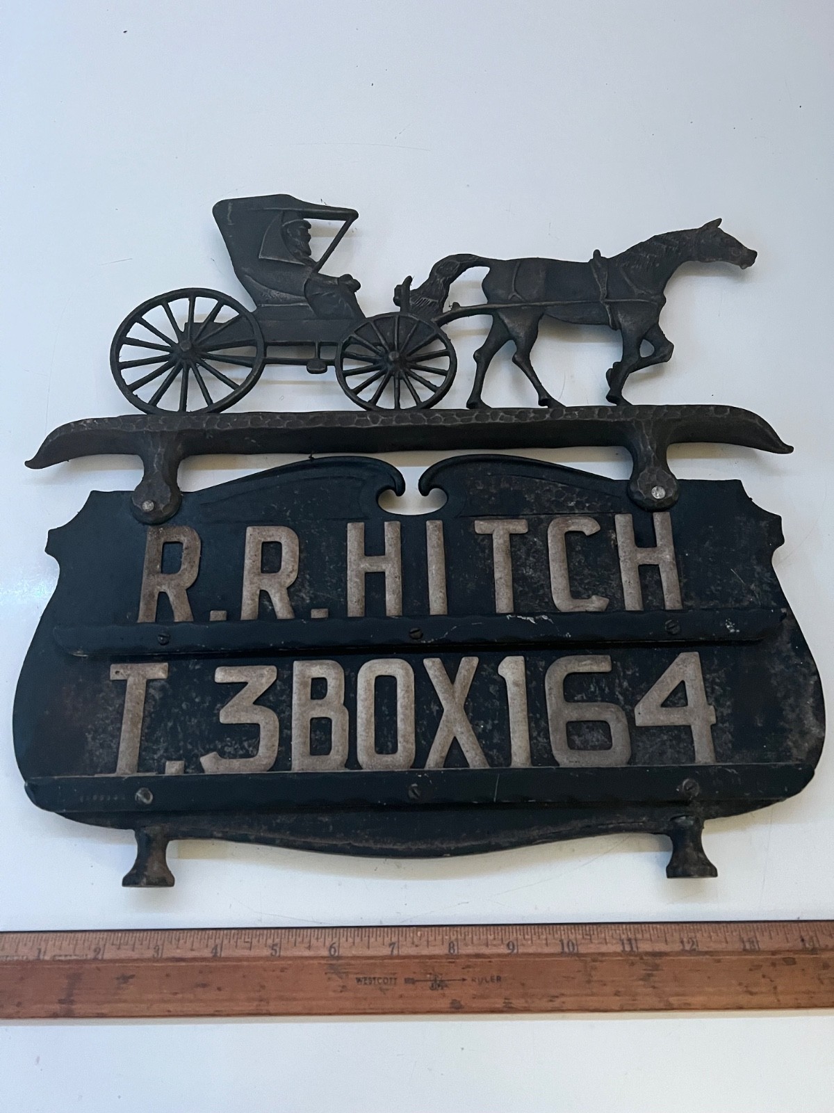 ANTIQUE ALUMINUM HORSE AND BUGGY HOUSE FARM MAILBOX NAME AND ADDRESS SIGN