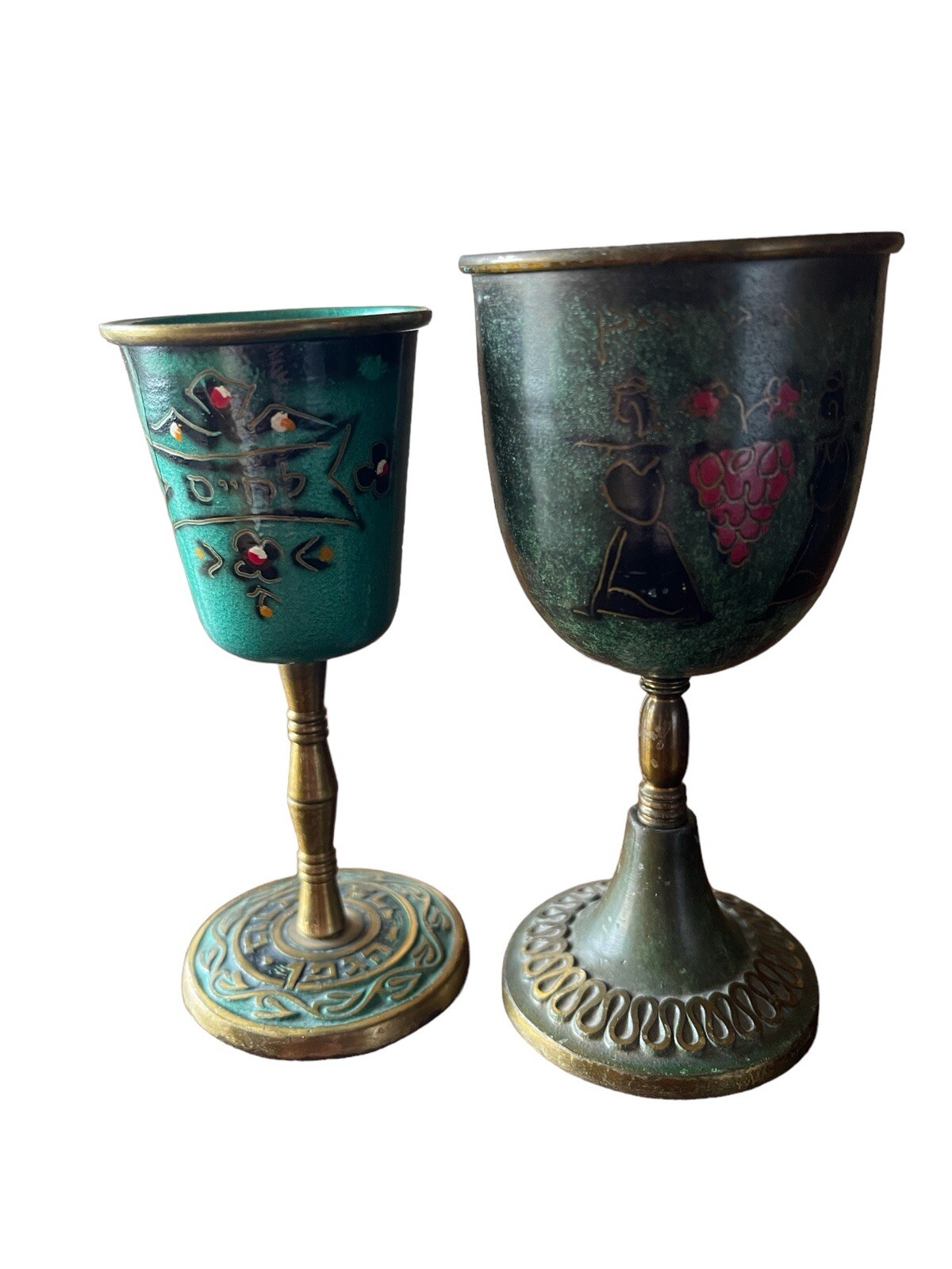 Two Israel Hakuli Hand Painted Goblet Sabra Bright Blue Green 5” Tall