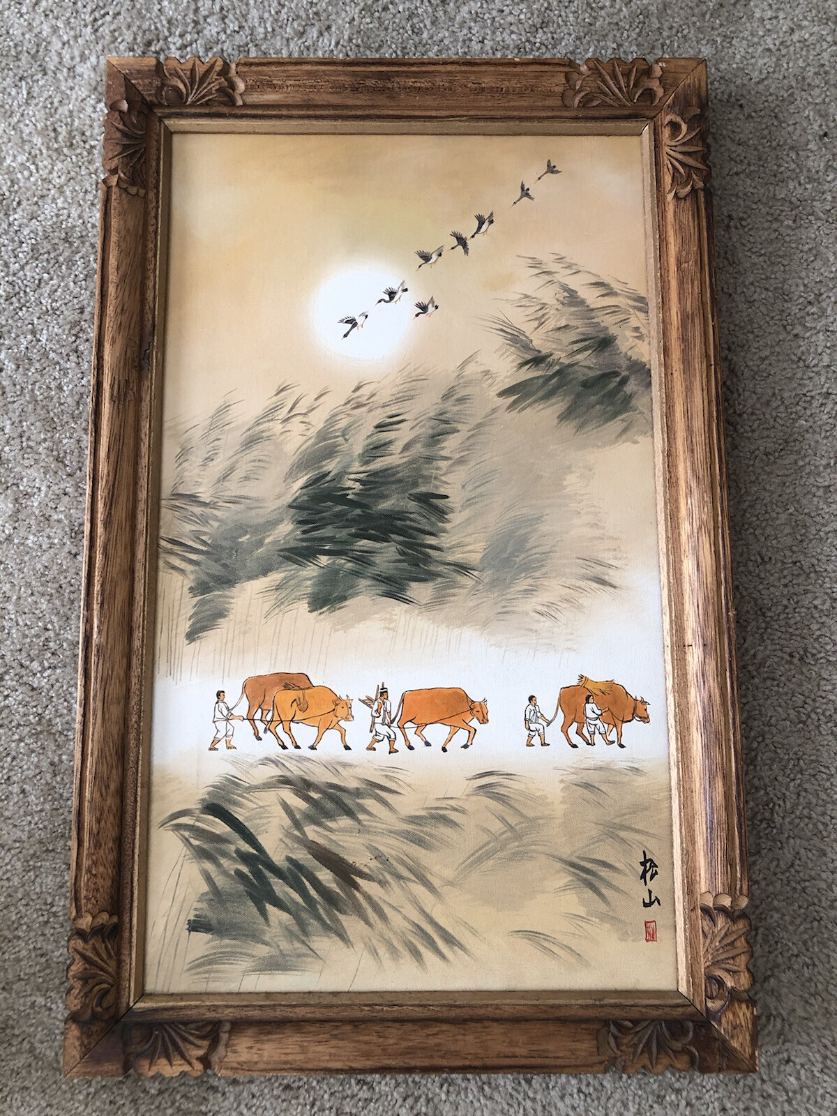 MID CENTURY ASIAN CHINESE ORIGINAL OIL PAINTING OF FARMERS, BULL & PLOW,SIGNED