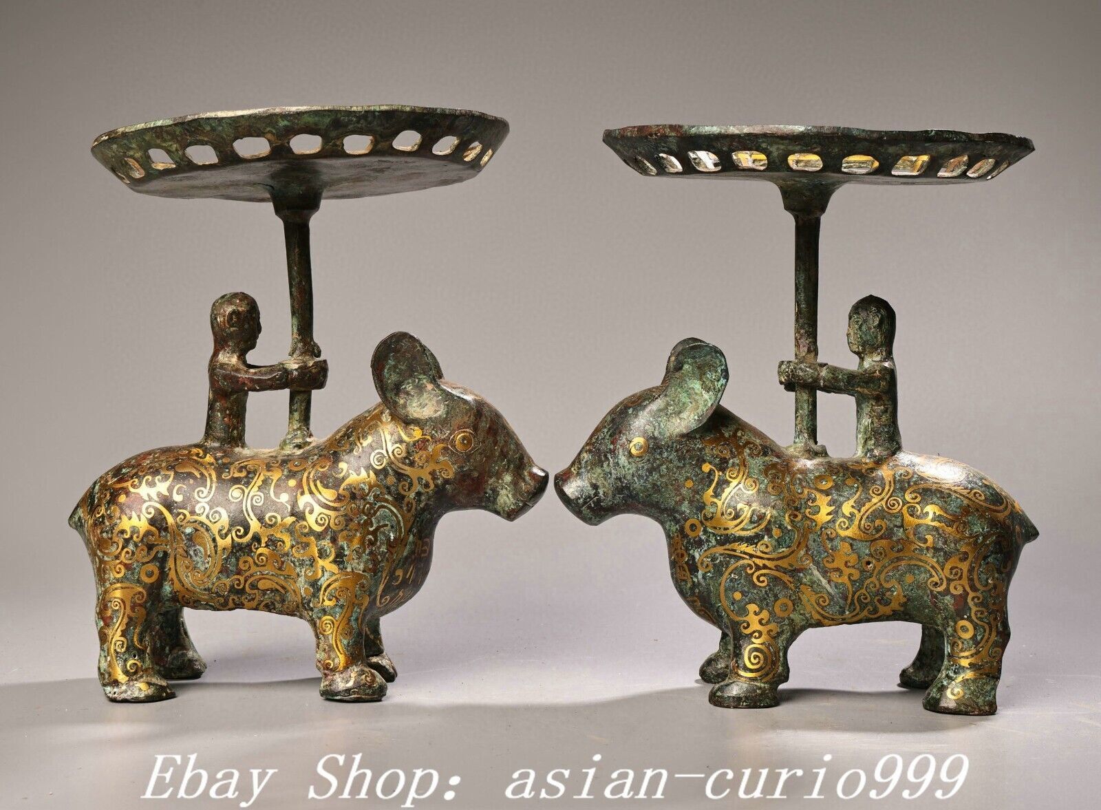 7.8″ Old Han Dynasty Bronze Ware Gilt People Pig Swine Hog Fruit Tray Plate Pair