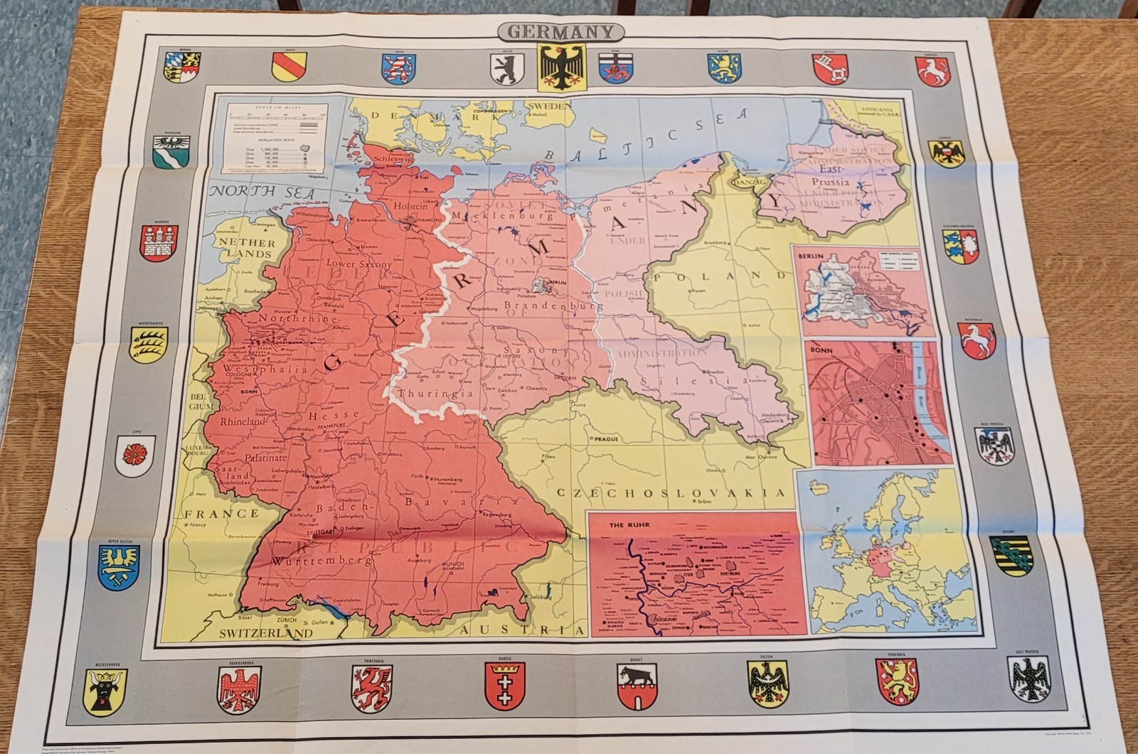 MAP OF GERMANY 1937 PRE WWII WITH COAT OF ARMS LARGE SIZE 40.5X34.5″ IN COLOR–C