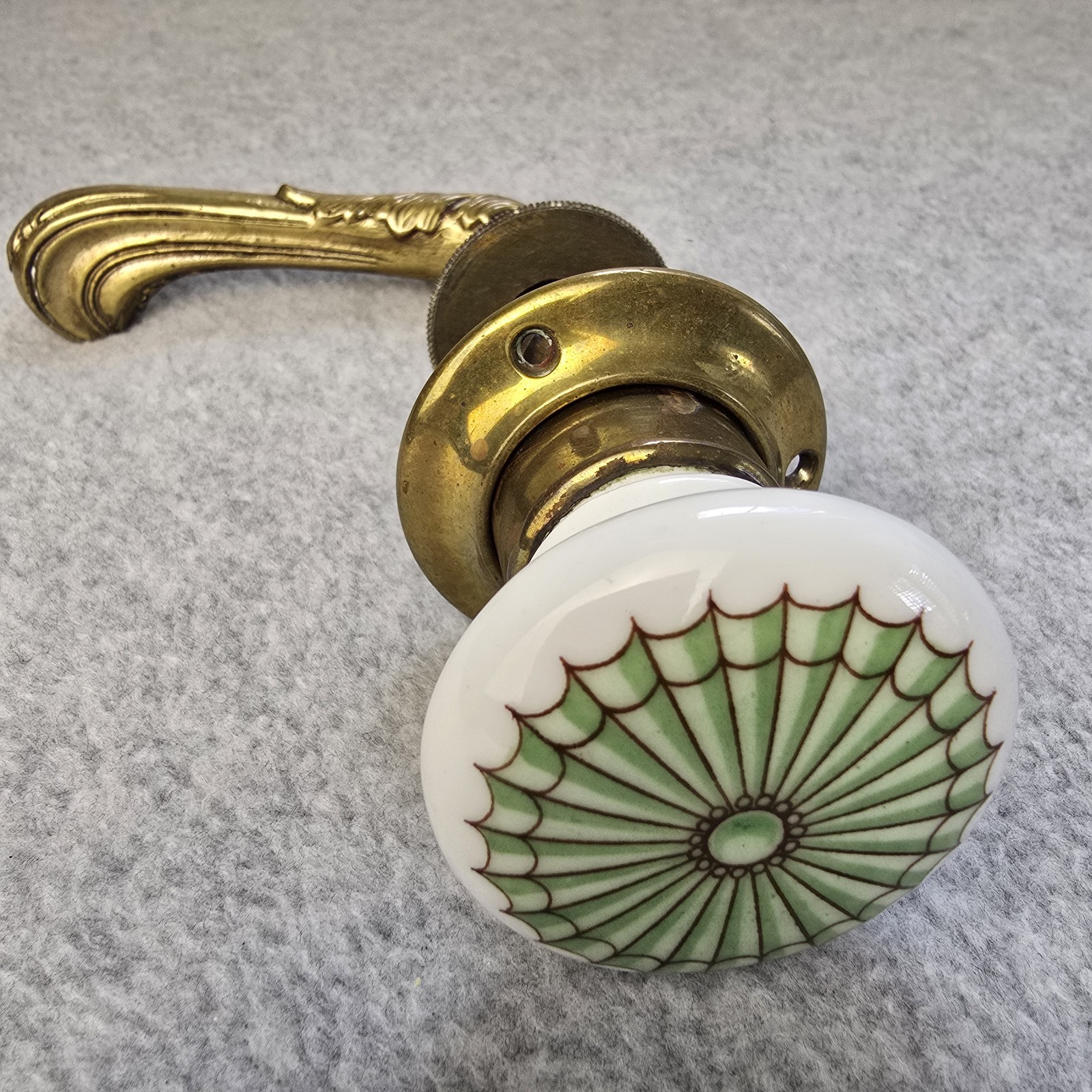 Antique Brass Art Nouveau Regency Lever Door Handle w/Painted Porcelain Knob Set