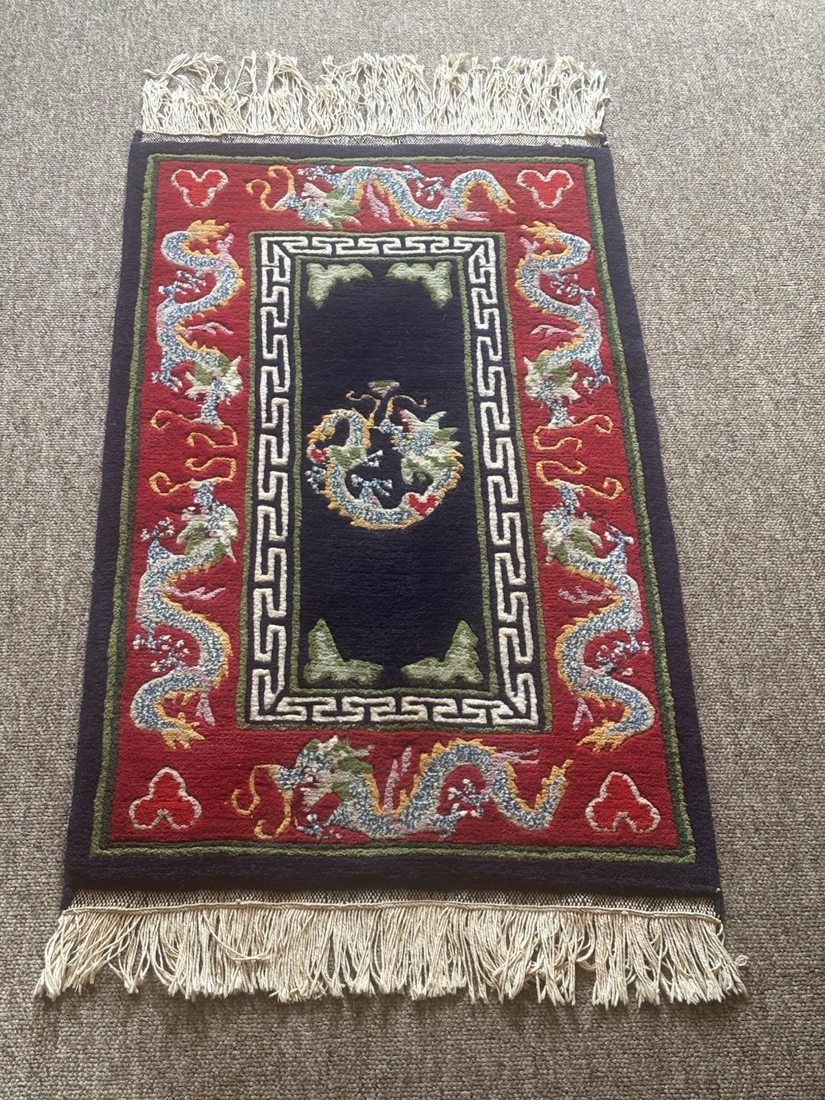 Vintage Tibetan Handmade Dragon Multicolor Wool Rug Carpet 119×57 cm